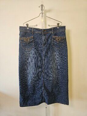 Vintage Out Jeans Skirt Denim Midi Y2K Blue Grunge  XL